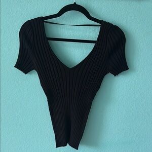 Black Ribbed V-Neck Women's Top